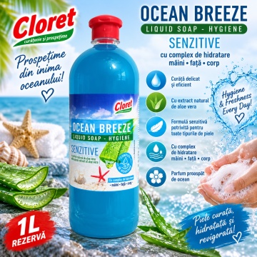 Săpun Lichid Cremos Cloret Ocean Breeze Sensitive, Rezervă pentru Mâini, cu Complex de Hidratare, Curățare Delicată, pentru Reumplere Recipiente, 1 L - Img 2