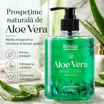 Săpun lichid Klintensiv, parfum Aloe Vera, spumă fină, efect emolient și protectiv, peste 94% ingrediente biodegradabile, pentru mâini și tegumente, 500 ml, 4x Stickere - Img 4