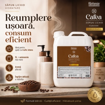 Săpun lichid Klintensiv, parfum Cafea, formulă profesională pentru mâini și tegumente, peste 94% ingrediente biodegradabile, ideal pentru hoteluri, firme, birouri și spații publice, 5 L, 4x Stickere - Img 4