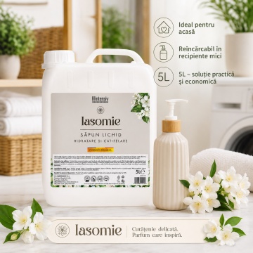 Săpun lichid Klintensiv, parfum Iasomie, formulă profesională pentru mâini și tegumente, peste 94% ingrediente biodegradabile, ideal pentru hoteluri, firme, birouri și spații publice, 5 L, 4x Stickere - Img 4