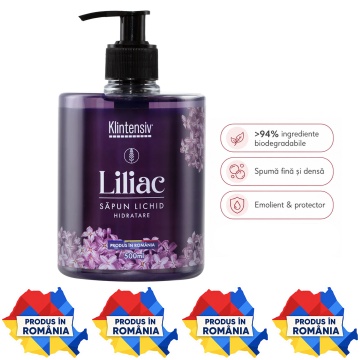 Săpun lichid Klintensiv, parfum Liliac, spumă fină, efect emolient și protectiv, peste 94% ingrediente biodegradabile, pentru mâini și tegumente, 500 ml, 4x Stickere