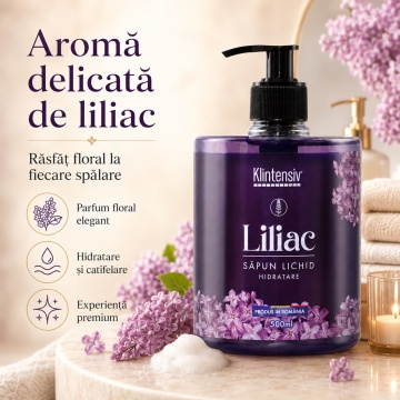 Săpun lichid Klintensiv, parfum Liliac, spumă fină, efect emolient și protectiv, peste 94% ingrediente biodegradabile, pentru mâini și tegumente, 500 ml, 4x Stickere - Img 4