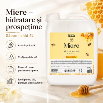 Săpun lichid Klintensiv, parfum Miere, formulă profesională pentru mâini și tegumente, peste 94% ingrediente biodegradabile, ideal pentru hoteluri, firme, birouri și spații publice, 5 L, 4x Stickere - Img 4