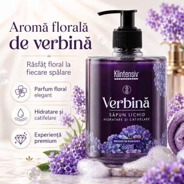 Săpun lichid Klintensiv, parfum Verbina, spumă fină, efect emolient și protectiv, peste 94% ingrediente biodegradabile, pentru mâini și tegumente, 500 ml, 4x Stickere - Img 4