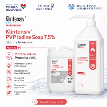 Săpun profesional chirurgical cu iod povidonă Klintensiv PVP Iodine Soap 7,5%, pentru mâini, corp, decolonizare tegumente și pregătire preoperatorie, aviz biocid, 1 L, 4x Stickere - Img 2