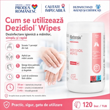 Servețele dezinfectante mâini Dezidiol Wipes Klintensiv Professional, cu 36% etanol, 24% izopropanol și 0,5% clorhexidină, bactericide, levuricide, virucide și micobactericide, fără clătire, tub 120 buc, 4x Stickere - Img 4