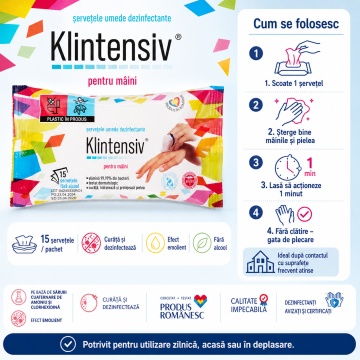 Șervețele dezinfectante mâini Klintensiv, pachet 15 buc, gata de utilizare, bactericide și levuricide, fără clătire, cu agent emolient, aviz biocid, 4x Stickere - Img 4