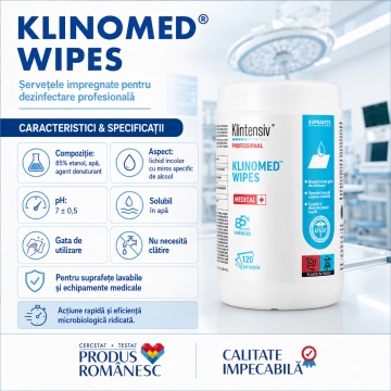 Servețele impregnate pentru dezinfectare profesională Klinomed Wipes, 85% etanol, pentru suprafețe, instrumentar și echipamente medicale, bactericide, levuricide, fungicide, virucide, micobactericide și tuberculocide, aviz biocid, 120 servetele, 4x Sticke - Img 4