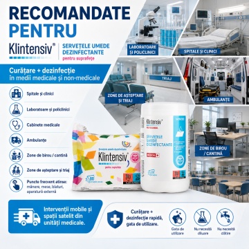 Șervețele umede dezinfectante suprafețe Klintensiv professional, pre-impregnate, pentru suprafețe, instrumentar și dispozitive medicale, bactericide, fungicide, virucide, fără clătire, aviz biocid, 80 servetele, 4x Stickere - Img 4