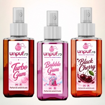 Set 3 Odorizante auto si casa Unpuf, Arome Black Cherry Bubble Gum Turbo Gum, cu pulverizator, improspatare aer si parfum de durata, 3x75 ml