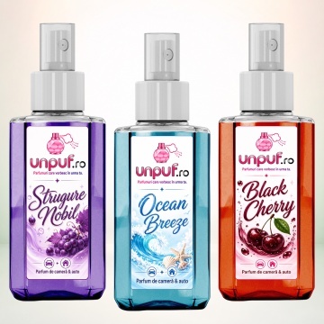 Set 3 Odorizante auto si casa Unpuf, Arome Black Cherry Ocean Breeze Strugure Nobil, cu pulverizator, improspatare aer si parfum de durata, 3x75 ml
