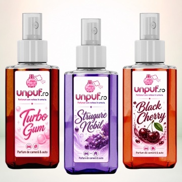 Set 3 Odorizante auto si casa Unpuf, Arome Black Cherry Strugure Nobil Turbo Gum, cu pulverizator, improspatare aer si parfum de durata, 3x75 ml