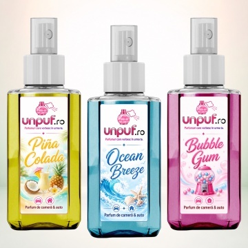 Set 3 Odorizante auto si casa Unpuf, Arome Bubble Gum Ocean Breeze Pina Colada, cu pulverizator, improspatare aer si parfum de durata, 3x75 ml