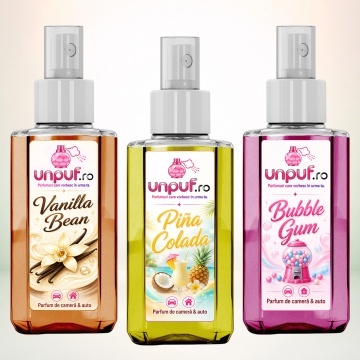 Set 3 Odorizante auto si casa Unpuf, Arome Bubble Gum Pina Colada Vanilla Bean, cu pulverizator, improspatare aer si parfum de durata, 3x75 ml