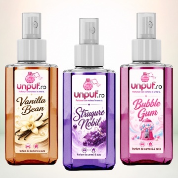 Set 3 Odorizante auto si casa Unpuf, Arome Bubble Gum Strugure Nobil Vanilla Bean, cu pulverizator, improspatare aer si parfum de durata, 3x75 ml