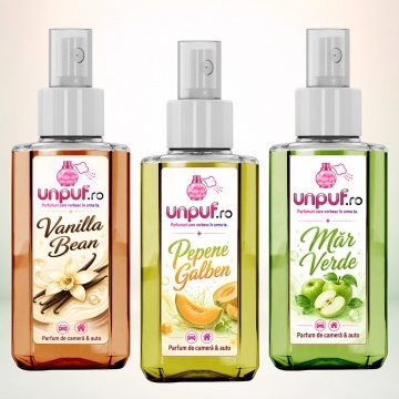 Set 3 Odorizante auto si casa Unpuf, Arome Mar Verde Pepene Galben Vanilla Bean, cu pulverizator, improspatare aer si parfum de durata, 3x75 ml