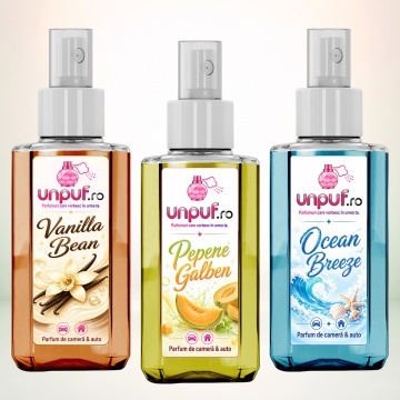 Set 3 Odorizante auto si casa Unpuf, Arome Ocean Breeze Pepene Galben Vanilla Bean, cu pulverizator, improspatare aer si parfum de durata, 3x75 ml
