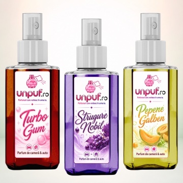 Set 3 Odorizante auto si casa Unpuf, Arome Pepene Galben Strugure Nobil Turbo Gum, cu pulverizator, improspatare aer si parfum de durata, 3x75 ml