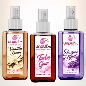 Set 3 Odorizante auto si casa Unpuf, Arome Strugure Nobil Turbo Gum Vanilla Bean, cu pulverizator, improspatare aer si parfum de durata, 3x75 ml