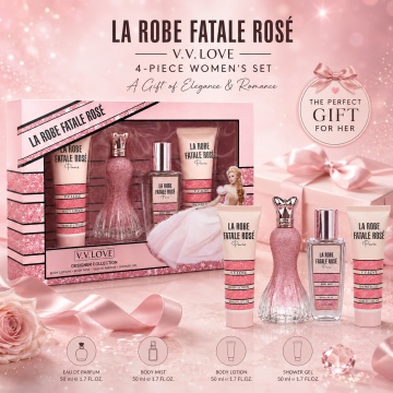Set Cadou Damă V.V. Love La Robe Fatale Rose 4 Piese, Body Lotion, Body Mist, Eau de Parfum și Shower Gel 4x50 ml, Inspirat din La Petite Robe Noire Guerlain - Img 3