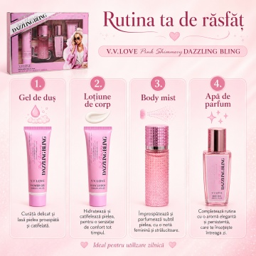 Set Cadou Damă V.V. Love Pink Shimmery Dazzling Bling 4 Piese, Body Lotion, Body Mist, Eau de Parfum și Shower Gel 4x50 ml, Inspirat din Victoria’s Secret Bombshell - Img 4