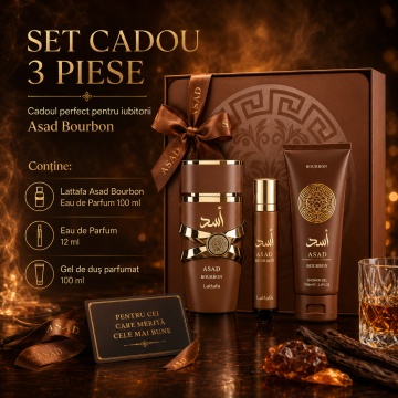 Set Cadou Lattafa Asad Bourbon 3 Piese, Eau de Parfum 100 ml + EDP 12 ml + Gel de Duș Parfumat 100 ml, Parfum Arabesc pentru Bărbați, Aromă Gourmand cu Vanilie Bourbon, Cacao, Lavandă, Ambră și Vetiver - Img 6