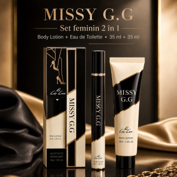Set Missy G.G 2x35 ml, Apă de Toaletă Damă 35 ml + Body Lotion 35 ml, Aromă Dulce Florală, Cald Condimentată, Vanilată și Ambrată, Note de Migdale, Cafea, Bergamotă, Lămâie, Tuberoză, Iasomie Sambac, Floare de Portocal, Trandafir Bulgăresc, Iris, Tonka, C - Img 2