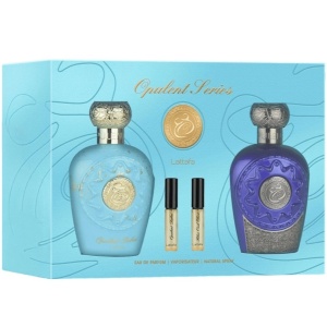 Set Parfum Lattafa Opulent Collection Dubai & Blue Oud Elixir, 2 x 100 ml Eau de Parfum Unisex, 2 mostre fiolă , cutie cadou premium, arome orientale - Img 11