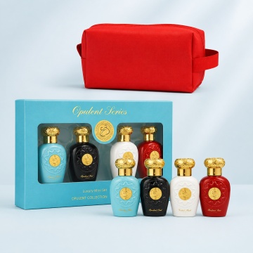 Set parfumuri arăbești unisex Lattafa Opulent Collection, 4 × 25 ml EDP, Opulent Dubai, Oud, Musk și Red, cu gentuță cadou