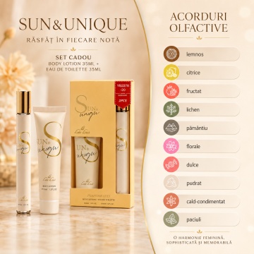 Set Sun & Unique 2x35 ml, Apă de Toaletă Damă 35 ml + Body Lotion 35 ml, Aromă Floral Fructată, Citrică, Lemnoasă și Pudrată, Note de Corcodușe, Bergamotă, Lămâie, Portocală, Frezie, Piersică, Iasomie, Trandafir, Lichen, Paciuli, Lemn Ambrat, Mosc Alb și - Img 3