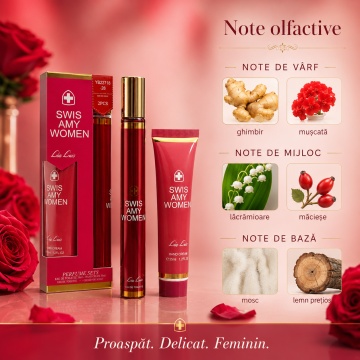 Set Swis Amy Women 2x35 ml, Apă de Parfum Damă 35 ml + Cremă de Mâini 35 ml, Aromă Proaspătă Florală, Verde și Moscată, Note de Ghimbir, Mușcată, Lăcrămioare, Măceșe, Mosc și Lemn Prețios - Img 6