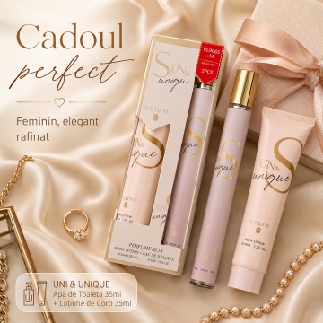 Set Uni & Unique 2x35 ml, Apă de Toaletă Damă 35 ml + Body Lotion 35 ml, Aromă Floral Fructată, Dulce, Vanilată și Moscată, Note de Citrice, Piersică, Fructul Pasiunii, Gardenie, Iasomie, Lemn de Santal, Vanilie, Ambră și Mosc - Img 5