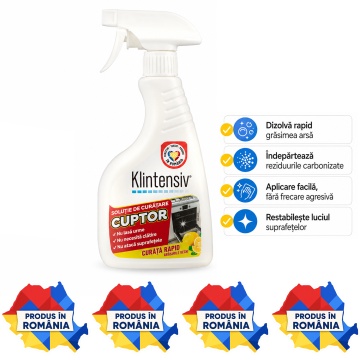Soluție curățare cuptor Klintensiv, degresant profesional pentru grăsime arsă și depuneri carbonizate, pentru cuptoare, plite, tăvi, grătare și inox, 500 ml, 4x Stickere