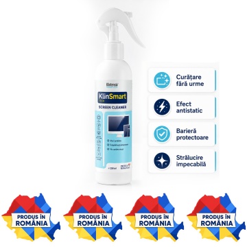 Soluție curățare ecrane Klintensiv KlinSmart Tech, efect antistatic, fără urme, protecție împotriva prafului și amprentelor, pentru monitor, laptop, tabletă, telefon, touchscreen, 250 ml, 4x Stickere