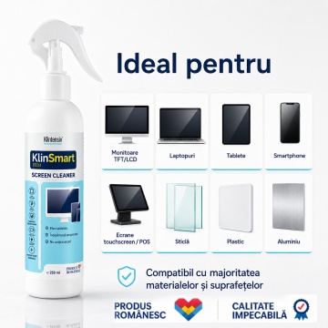 Soluție curățare ecrane Klintensiv KlinSmart Tech, efect antistatic, fără urme, protecție împotriva prafului și amprentelor, pentru monitor, laptop, tabletă, telefon, touchscreen, 250 ml, 4x Stickere - Img 4