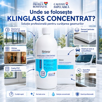 Soluție curățare geamuri Klintensiv Klinglass Concentrat, detergent profesional concentrat pentru sticlă, vitrine, ferestre, oglinzi și suprafețe lucioase, uscare rapidă, fără urme, 1 L, 4x Stickere - Img 4