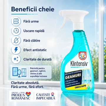 Soluție curățare geamuri Klintensiv, spray profesional pentru sticlă, oglinzi, vitrine și suprafețe lucioase, uscare rapidă, efect antistatic, fără urme, 500 ml, 4x Stickere - Img 6