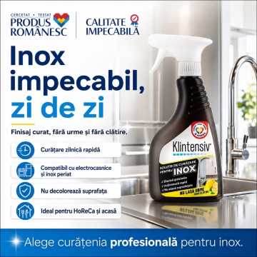 Soluție curățare inox Klintensiv, fără clătire, pentru inox lucios, mat și periat, îndepărtează grăsimea, murdăria și amprentele, finisaj fără urme, 500 ml, 4x Stickere - Img 6