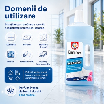 Soluție curățare pardoseli Klintensiv, detergent parfumat concentrat, fără clătire, pentru ceramică, porțelan, marmură, granit, piatră naturală, mozaic, linoleum, PVC și laminate lavabile, 1 L, 4x Stickere - Img 4