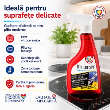 Soluție curățare plită vitroceramică Klintensiv, pentru plite cu inducție și sticlă ceramică, îndepărtează grăsimea arsă și petele persistente, finisaj fără urme, protecție împotriva depunerilor, 500 ml, 4x Stickere - Img 6