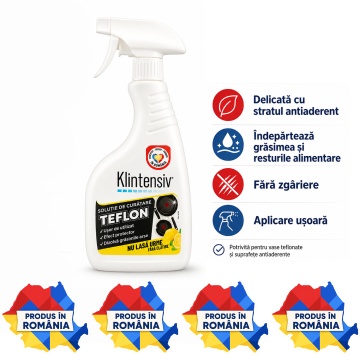 Soluție curățare teflon Klintensiv, pentru vase antiaderente, tigăi, cratițe și tăvi, curățare delicată fără zgâriere, îndepărtează grăsimea și resturile alimentare, 500 ml, 4x Stickere