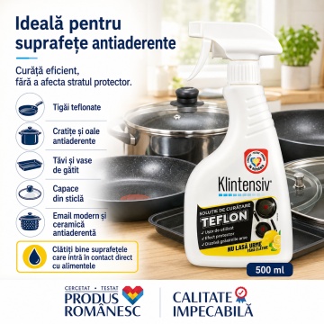 Soluție curățare teflon Klintensiv, pentru vase antiaderente, tigăi, cratițe și tăvi, curățare delicată fără zgâriere, îndepărtează grăsimea și resturile alimentare, 500 ml, 4x Stickere - Img 6