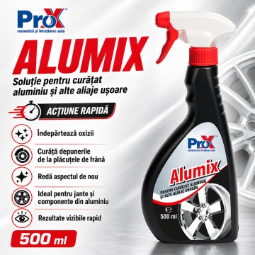 Soluție curățat aluminiu PRO X Alumix, pentru aluminiu și aliaje ușoare, acțiune rapidă, îndepărtează oxizi, praf de frână și impurități, pentru jante, ornamente și componente auto, 500 ml, 4x Stickere - Img 2