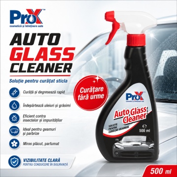 Soluție curățat geamuri auto PRO X Auto Glass Cleaner, pentru sticlă, parbriz și oglinzi, curățare și degresare interior/exterior, miros plăcut, fără urme, 500 ml, 4x Stickere - Img 2