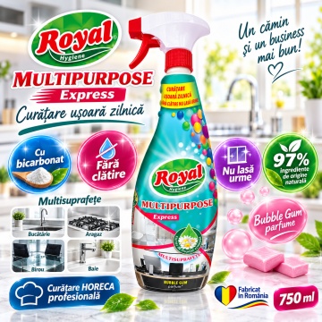 Solutie curatat Multipurpose cu Bicarbonat Royal Hygiene, Soluție Multisuprafețe Fără Clătire, Nu Lasă Urme, 97% Ingrediente de Origine Naturală, Ecofriendly, Bubble Gum Parfume, HoReCa, Fabricat în România, 750 ml - Img 2