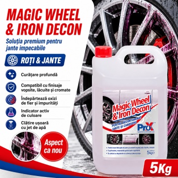 Soluție decontaminare jante și caroserie Magic Wheel & Iron Decon PRO X, fallout remover cu pH neutru, indicator activ roșu, pentru oxizi de fier și depuneri plăcuțe frână, 5 kg, 4x Stickere - Img 3