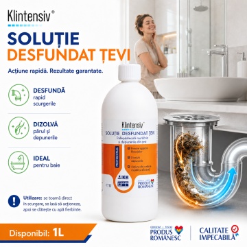 Soluție desfundat țevi Klintensiv, profesională, concentrată, pentru scurgeri, chiuvete, lavoare și dușuri, dizolvă grăsimea, părul, depunerile și mirosurile, 1 L, 4x Stickere - Img 4