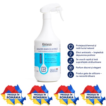 Soluție pentru Lemn și Mobilă Klintensiv, curățare și întreținere, efect antistatic, gata de utilizare, pentru suprafețe din lemn și laminate, 1 L, 4x Stickere