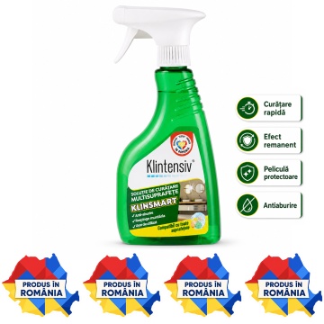 Soluție profesională de curățare Klintensiv KlinSmart, efect remanent, peliculă protectoare, anticalcar, degresant, antiaburire, baie și bucătărie, 500 ml, pulverizator, 4x Stickere
