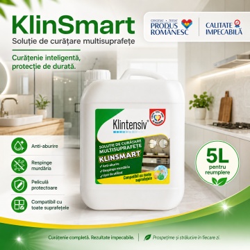 Soluție profesională de curățare Klintensiv KlinSmart, efect remanent, peliculă protectoare, anticalcar, degresant, antiaburire, baie și bucătărie, 5 L, pulverizator, 4x Stickere - Img 2